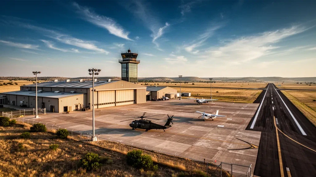 Fort Sill, Oklahoma'daki Henry Post Army Airfield'ın altın saat ışığında hangarlar, apron ve bozkır ufkuyla yükseltilmiş görünümü.