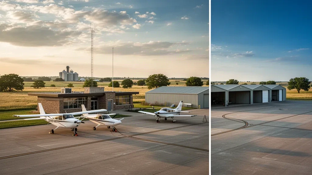 General aviation aircraft parked on the ramp at Fort Scott Municipal Airport in Kansas under warm golden-hour prairie light