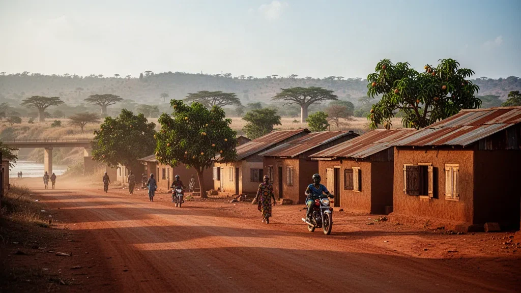 Rote Lateritstraße mit Lehmziegelhäusern und Mangobäumen in Donga, Benin, die im warmen Licht des späten Nachmittags in der Savanne leuchtet.