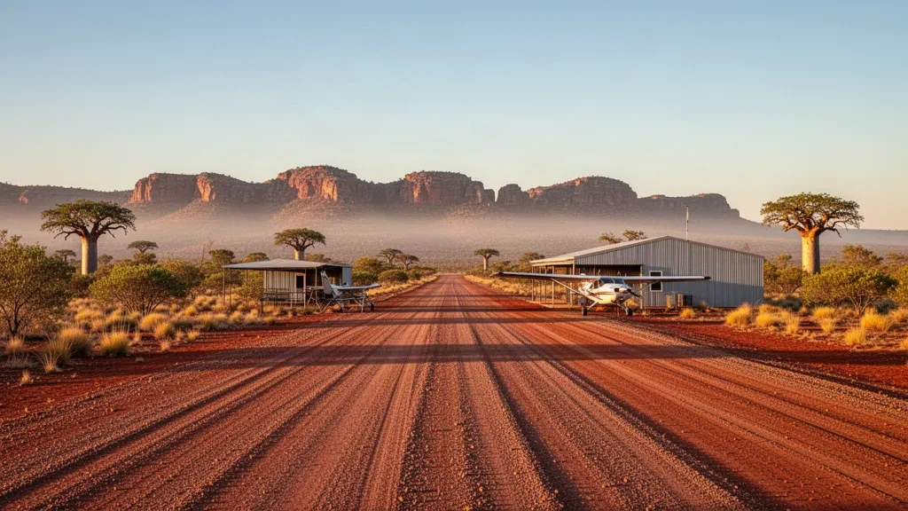 Vista durante la hora dorada de la remota pista de aterrizaje del outback de Fossil Downs en Kimberley, Australia Occidental, con tierra roja, árboles baobab y cordilleras lejanas.