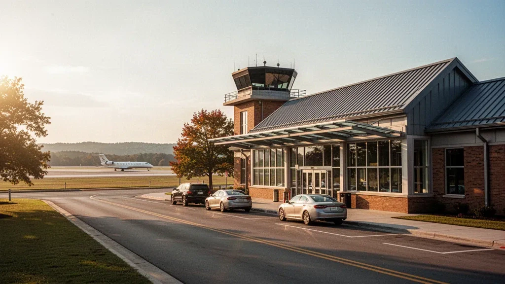 Modern glass and brick terminal exterior at Fort Smith Regional Airport with curbside drop-off lanes at golden hour