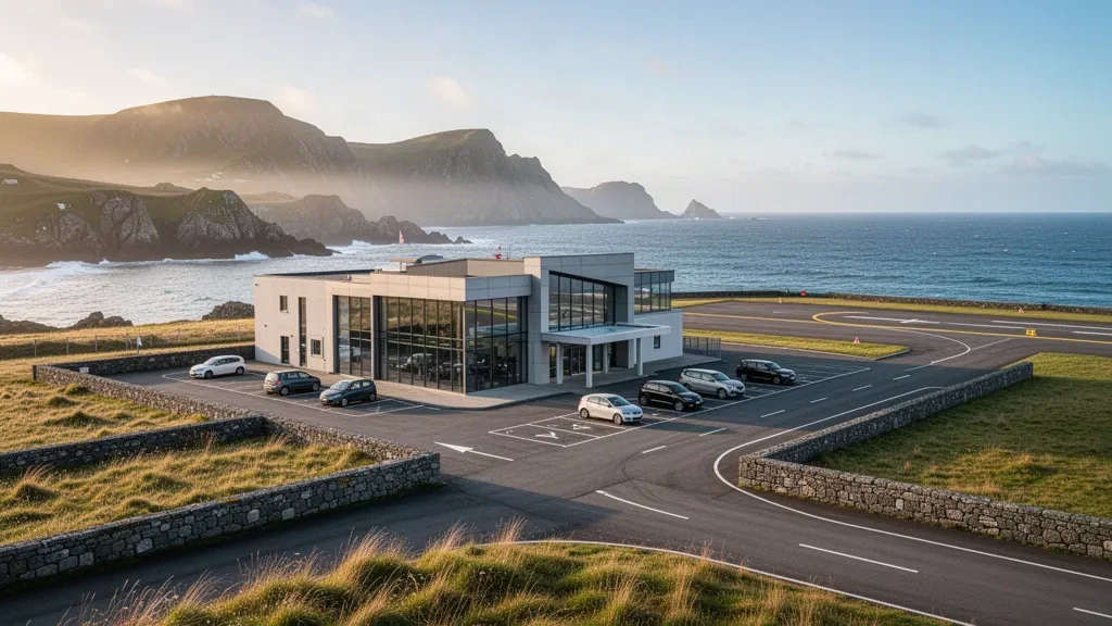 Außenansicht des Küstenterminals und die Umgebung entlang der Start- und Landebahn am Flughafen Saint-Pierre Pointe-Blanche in Saint-Pierre und Miquelon.