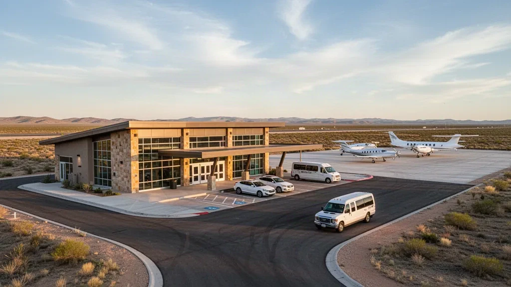 Veduta ampia del terminal, del piazzale e delle pianure desertiche dell'Aeroporto di Fort Stockton-Pecos County sotto un cielo dorato del Texas occidentale