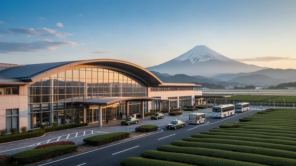 Moderne Glasfassade des Terminals am Flughafen Mount Fuji Shizuoka mit dem Mount Fuji hinter grünen Teefeldern zur goldenen Stunde