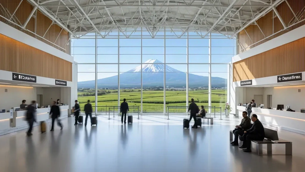 Interior de la terminal del Aeropuerto de Mount Fuji Shizuoka con el Monte Fuji visible a través de grandes ventanales de vidrio