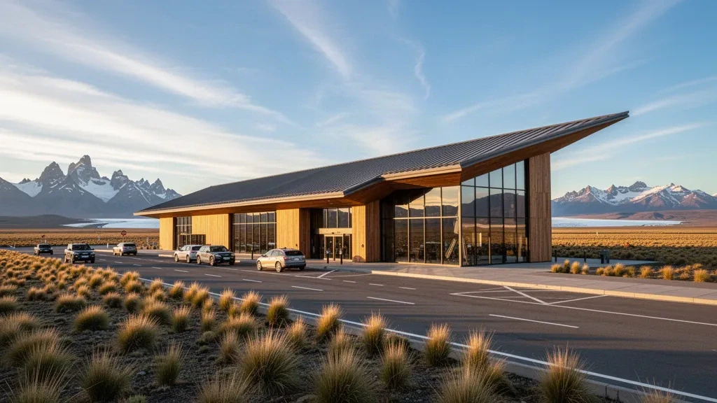 Modern terminal building at El Calafate airport in Patagonia with steppe landscape and Andes mountains at golden hour