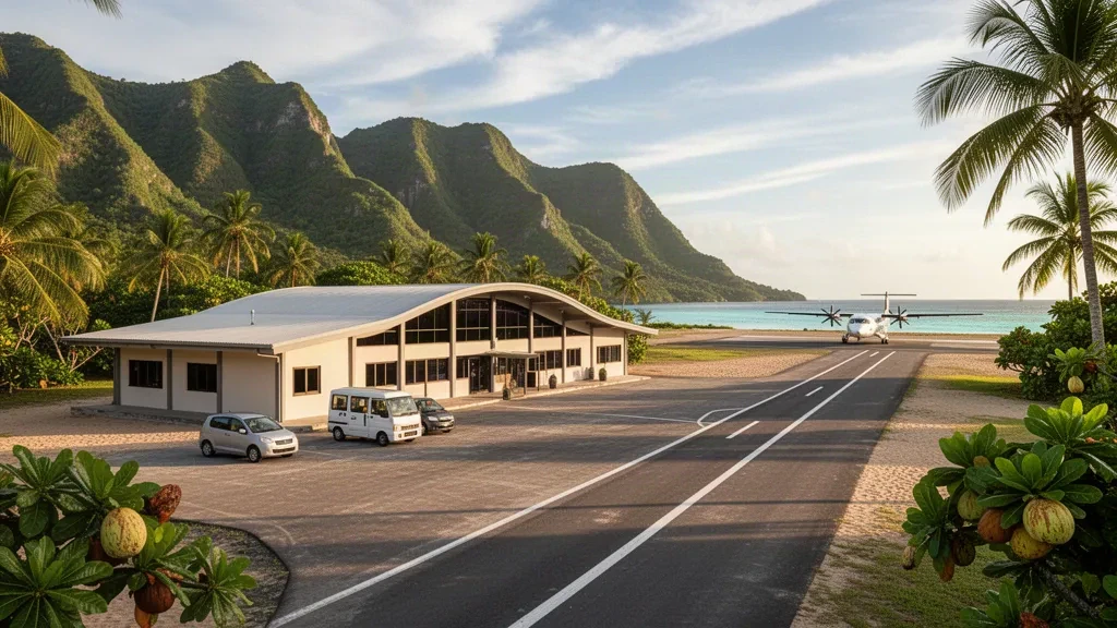 Small tropical Pacific island airport terminal on Futuna with palm trees, green volcanic hills and a short coastal runway in warm afternoon light