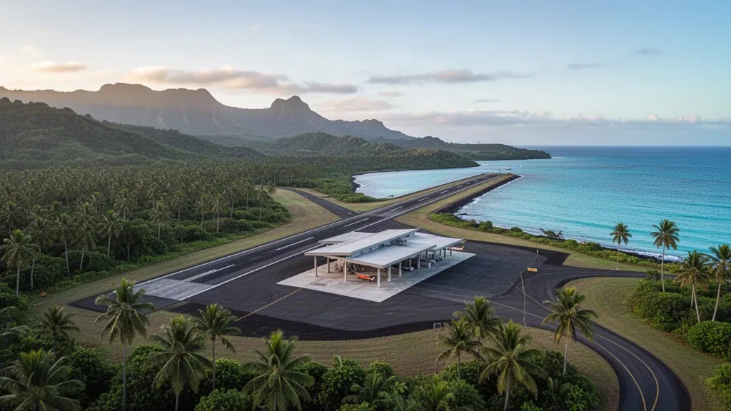 Small tropical terminal and single runway at Fitiuta Airport on Taʻū island in American Samoa, framed by palms and Pacific coastline.