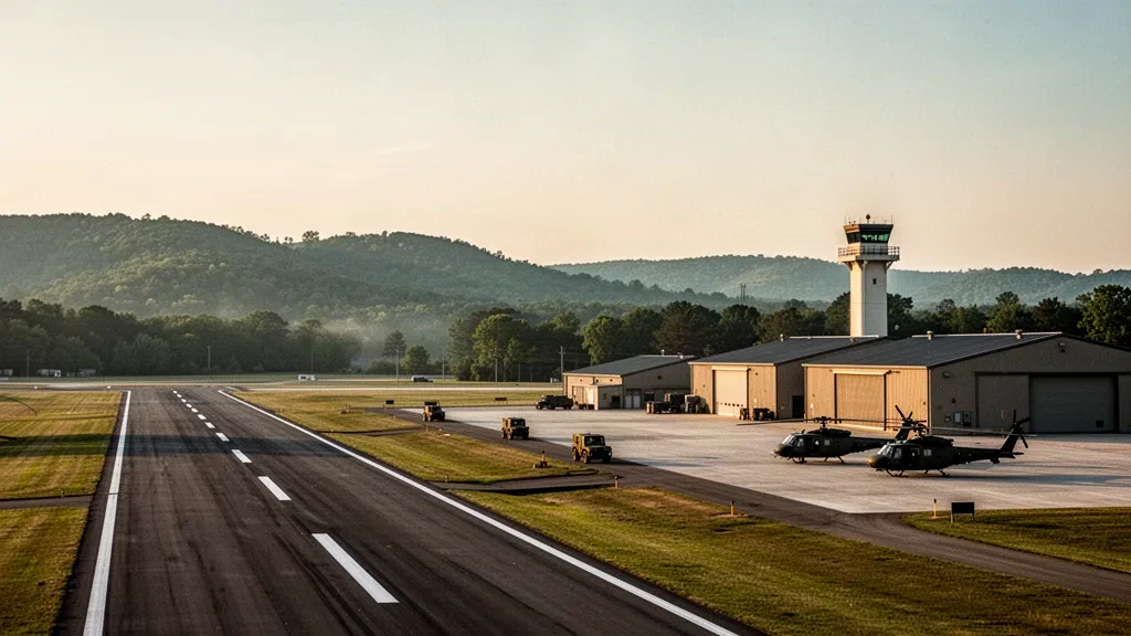 Godman Army Airfield at Fort Knox, Kentucky, with control tower, hangars and empty runway in warm golden-hour light