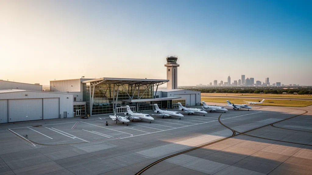 Jets de negocios y una torre de control en la plataforma del Aeropuerto Fort Worth Meacham International durante la cálida luz de la hora dorada