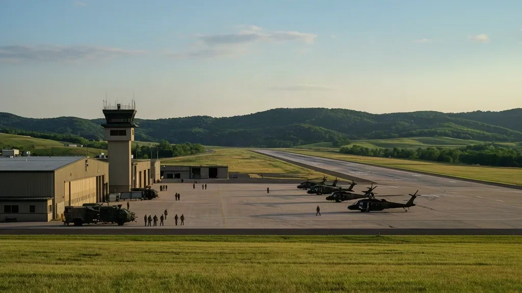 Außenansicht des Godman Army Airfield (FTK) in Fort Knox, Kentucky, mit einem Kontrollturm, Hangars und einer Start- und Landebahn mit Militärhubschraubern.