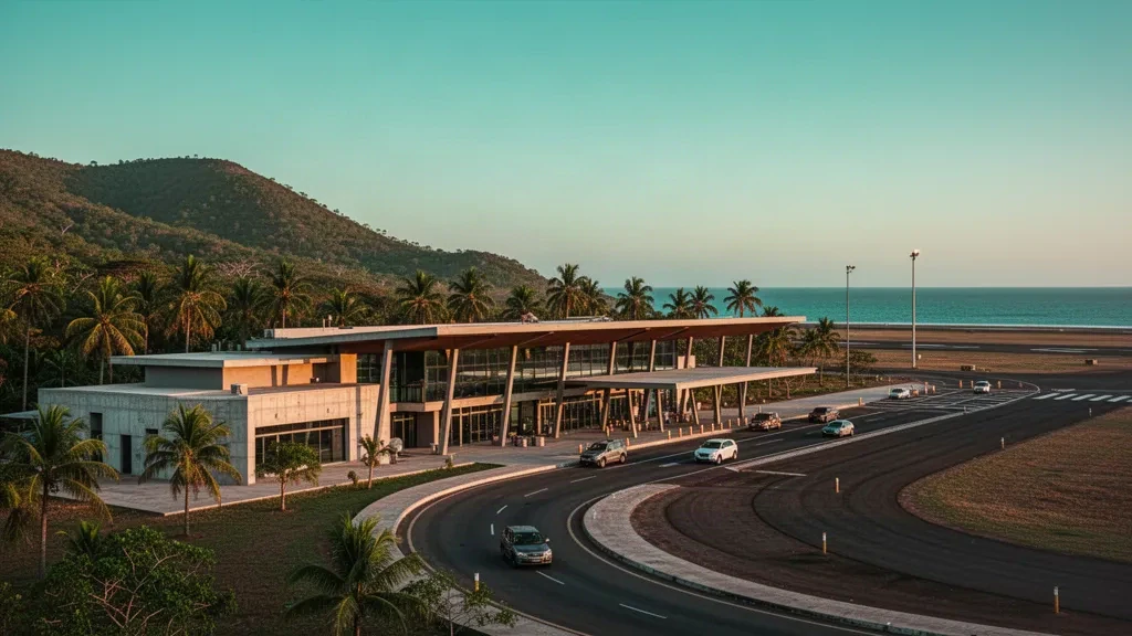 Terminal des Flughafens Tôlanaro in Madagaskar mit tropischer Bepflanzung, sauberer Vorfahrt und warmem Küstenlicht bei Sonnenaufgang.