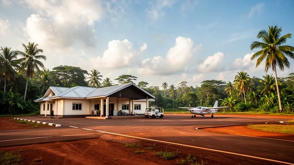 Terminal tropical de faible hauteur et tarmac bitumé à l'aéroport d'Owando en République du Congo sous une chaude lumière de fin d'après-midi