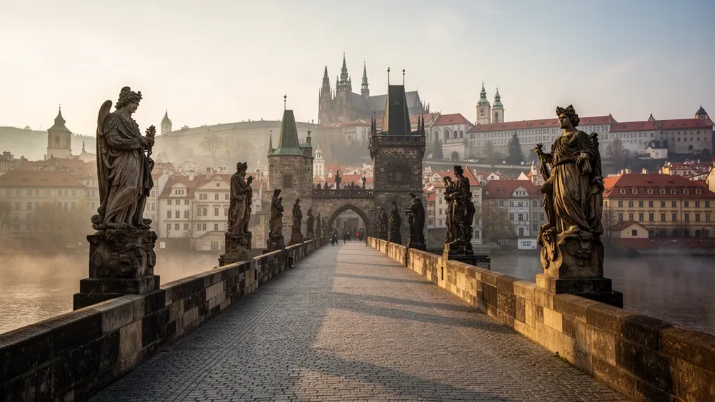 Charles Bridge and Prague Castle above the Vltava River at sunrise, with sandstone statues and red rooftops in the Czech Republic