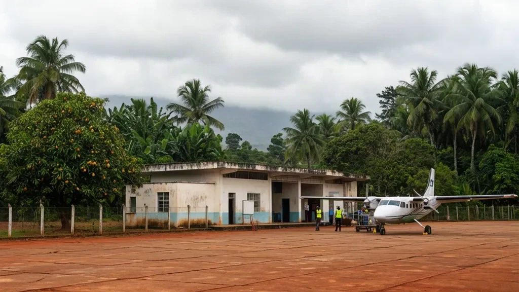 Piccolo edificio terminal e piazzale in cemento all'Aeroporto di Owando nella Repubblica del Congo sotto cieli tropicali