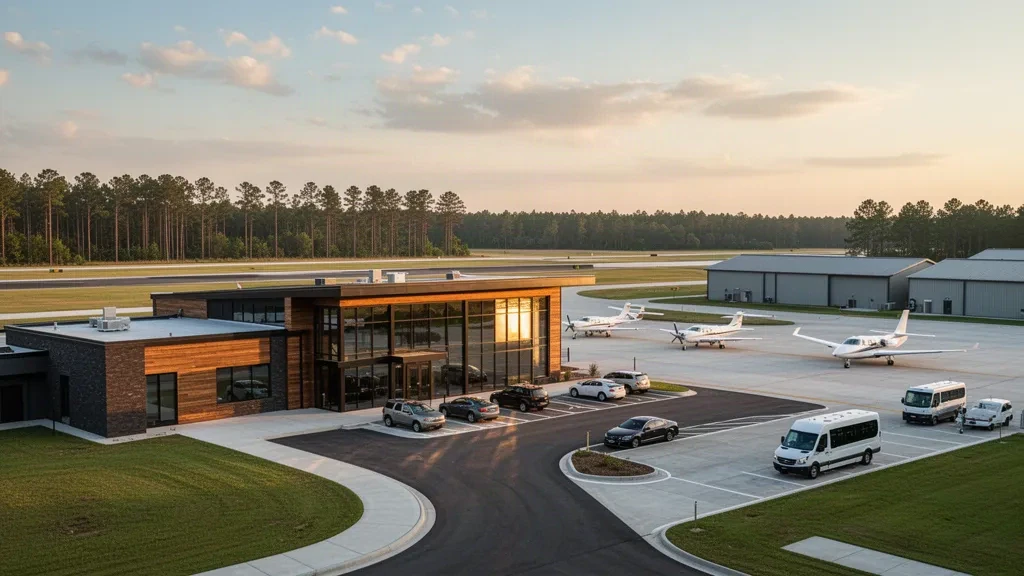 Golden-hour view of Fulton County Airport Brown Field near Atlanta, showing the modern terminal, apron and light aircraft with pine trees beyond.