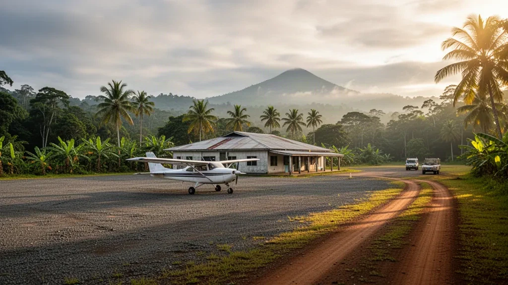 Remote tropical airstrip at Fulleborn Airport in Papua New Guinea with a small parked aircraft, rainforest and misty ridges at dawn