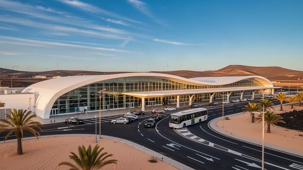 Modern Fuerteventura Airport terminal exterior with curved white roof, drop-off lanes and arid volcanic landscape at golden hour