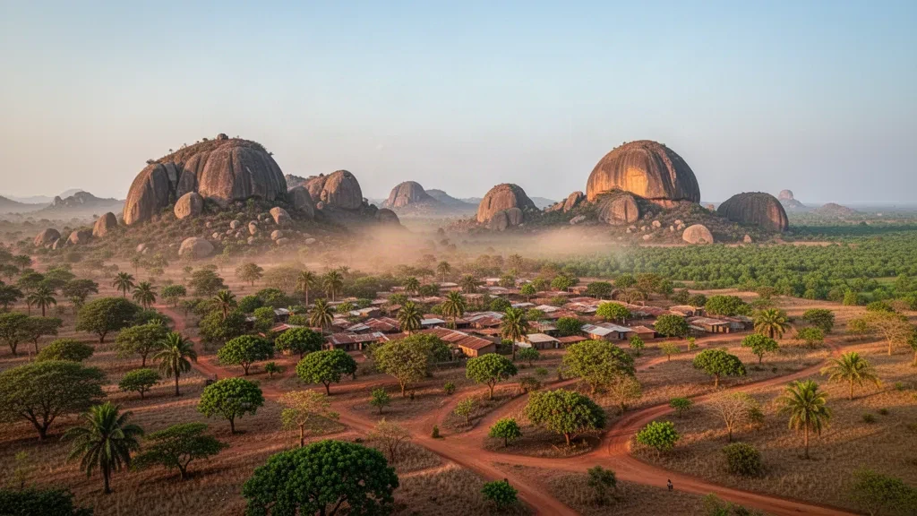 Benin'in Collines departmanında vadi kasabasının üzerinde yükselen granit tepeler ve savan ormanı, altın saatte
