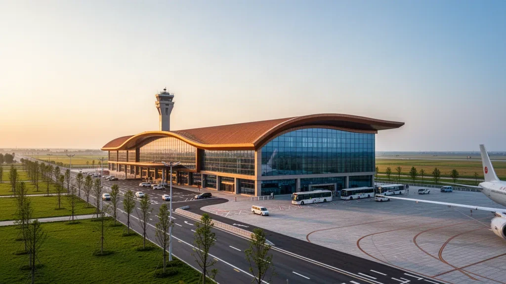 Modern glass terminal and drop-off lanes at Fuyang Xiguan Airport in Anhui, China, photographed at golden hour
