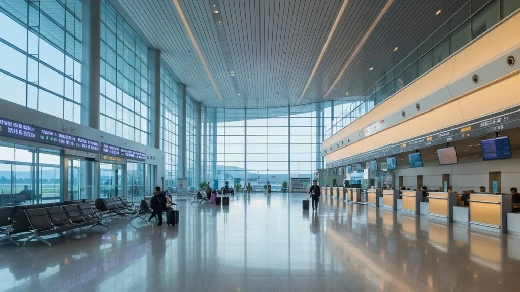 Hall de départ lumineux à l'intérieur du terminal de l'aéroport de Fuyang Xiguan avec comptoirs d'enregistrement et voyageurs