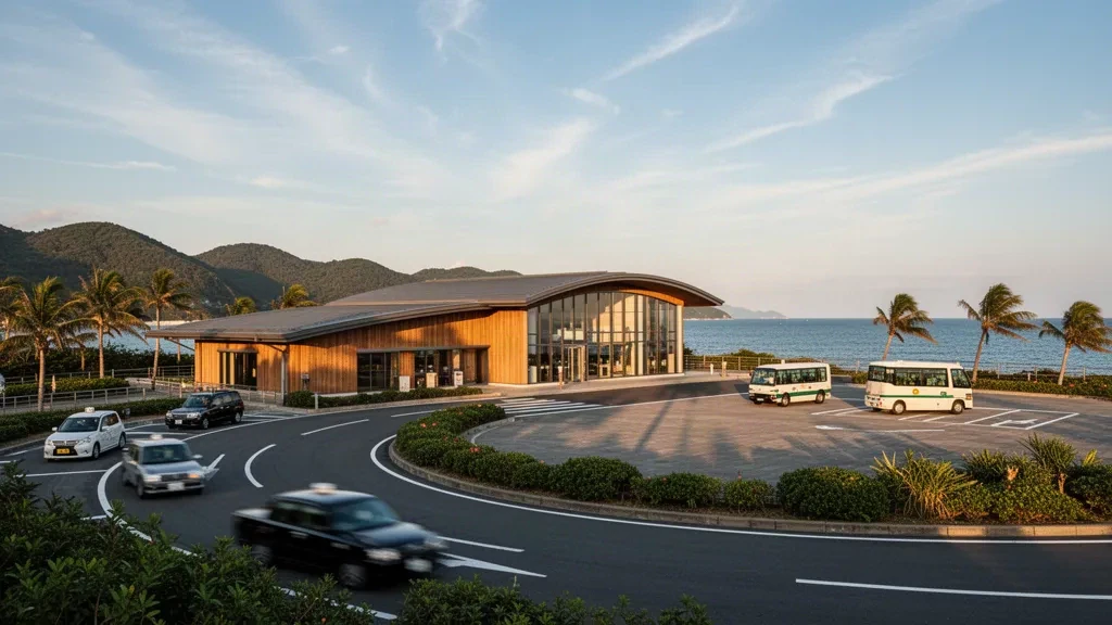 Terminal des Flughafens Fukue auf den Gotō-Inseln in Nagasaki, Japan, mit Glas- und Holzfassade, Bringspur, grünen Hügeln und Meer zur goldenen Stunde