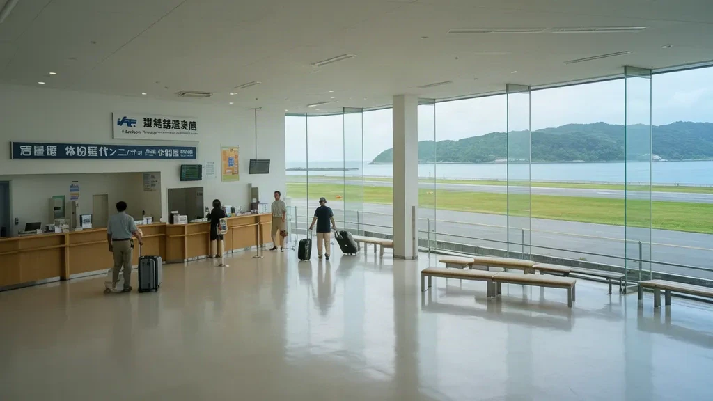Interno del terminal dell'aeroporto di Fukue sull'isola di Fukue, Nagasaki, con banchi check-in, posti a sedere e finestre sulla pista
