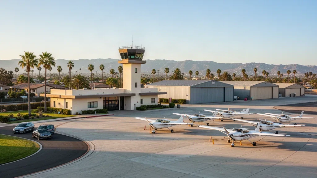 Single-engine aircraft on the sunny ramp at Fullerton Municipal Airport in California, with hangars, terminal and control tower behind