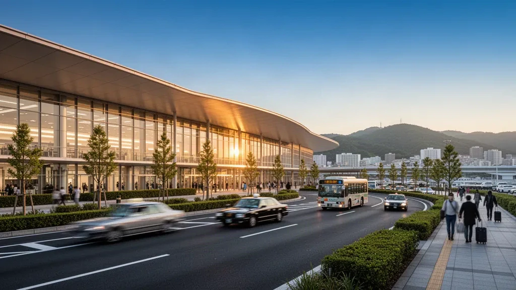 Exterior moderno de terminal de cristal en el aeropuerto de Fukuoka, Japón, con vías de acceso, vehículos y luz cálida de hora dorada