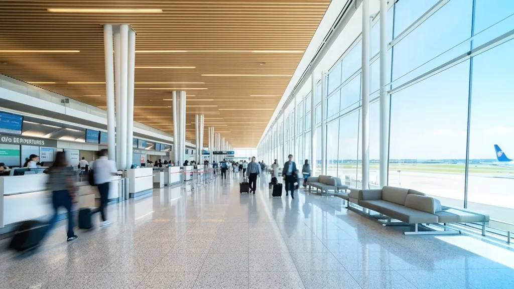 Luminosa area partenze all'interno dell'aeroporto di Fukuoka in Giappone, con alte pareti in vetro, pavimenti lucidi e viaggiatori che camminano nel terminal.