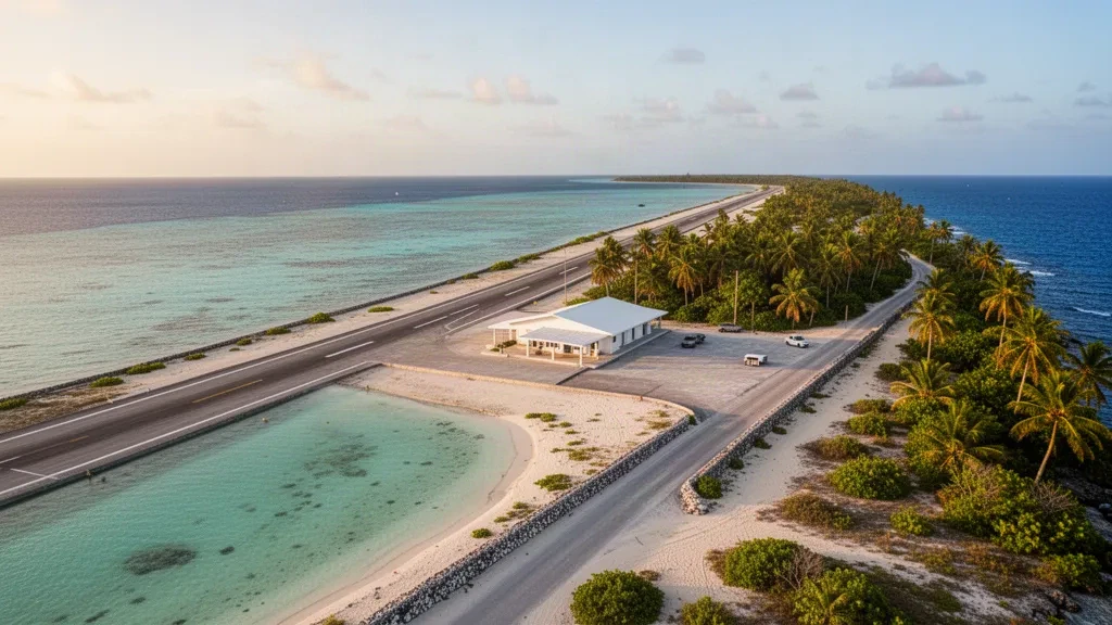Elevated golden-hour view of Funafuti International Airport runway on Fongafale atoll in Tuvalu, framed by turquoise lagoon, palms and a small white terminal