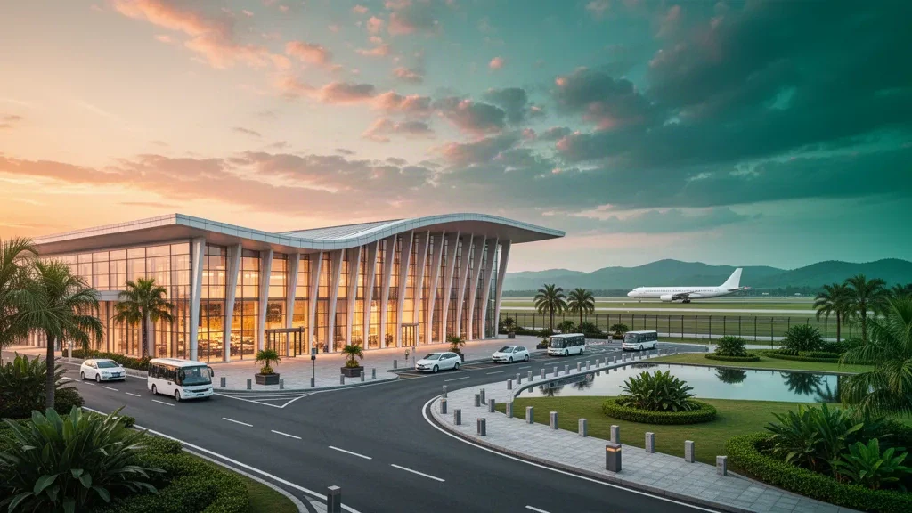 Exterior de la terminal de vidrio y blanco bañado por el sol en el aeropuerto de Foshan Shadi, en Guangdong, con palmeras, carriles de bajada junto a la acera y un amplio cielo subtropical.
