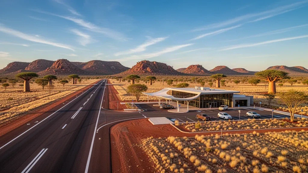 Abgelegenes Outback-Flughafenterminal und Startbahn am Flughafen Flora Valley in Western Australia im warmen Licht der goldenen Stunde