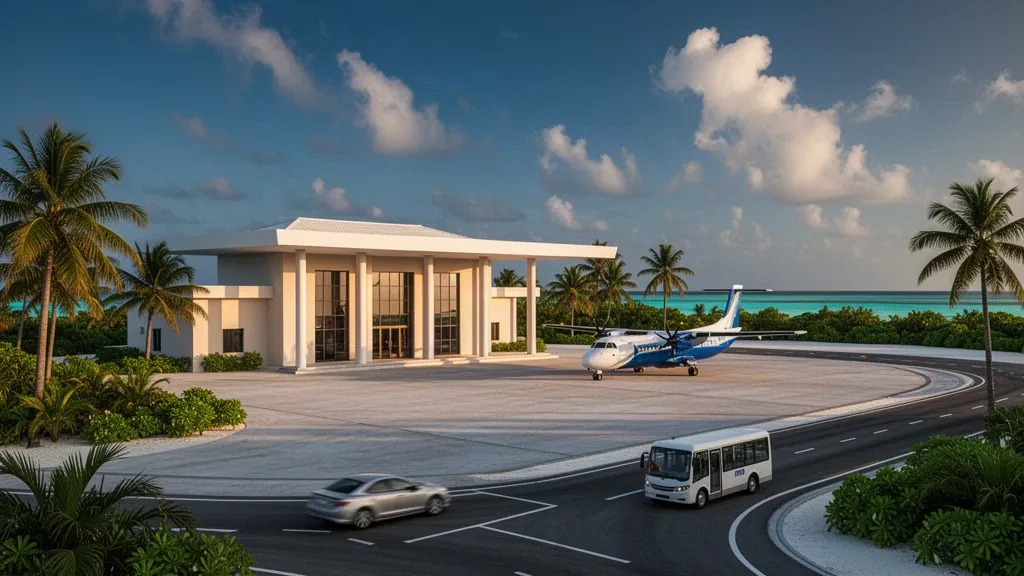 Maldivler'de hindistan cevizi palmiyeleri, güneşle aydınlanan bir apron ve berrak ada gökyüzü altında park etmiş bir turboprop uçağın bulunduğu tropikal Fuvahmulah Havalimanı terminali.