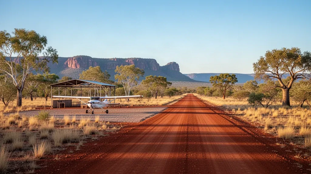 Abgelegene Buschpiste am Flughafen Oombulgurri im Kimberley, Western Australia, mit roter Schotterpiste und Savanne der Trockenzeit zur goldenen Stunde.