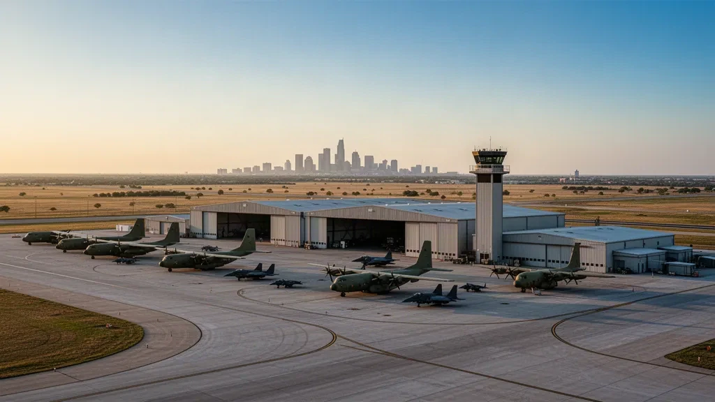 Veduta ampia dell'aerodromo NAS Fort Worth JRB in Texas con piste, hangar, aerei parcheggiati e una torre di controllo nella calda luce serale
