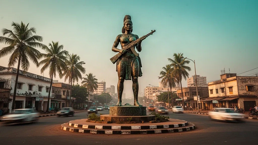 Cotonou'nun altın saatlerdeki bronz Amazon savaşçısı heykeli, Benin'in Littoral bölgesinin simgesi