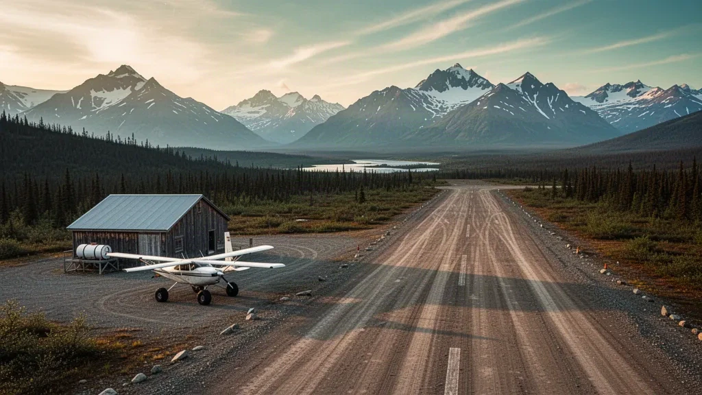 Piste de gravier isolée à l'aéroport de Farewell en Alaska, avec un petit avion de brousse, une forêt d'épicéas et des sommets montagneux au loin à l'heure dorée.