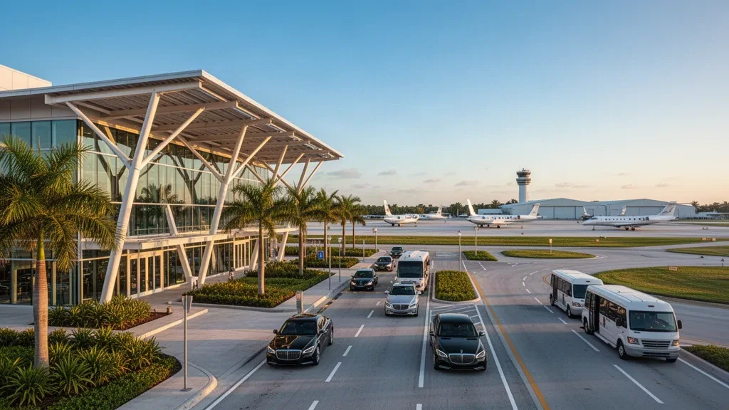 Modernes Terminal für die allgemeine Luftfahrt und Vorfeld für Privatjets am Fort Lauderdale Executive Airport, Licht zur goldenen Stunde mit Palmen und offenem Himmel.