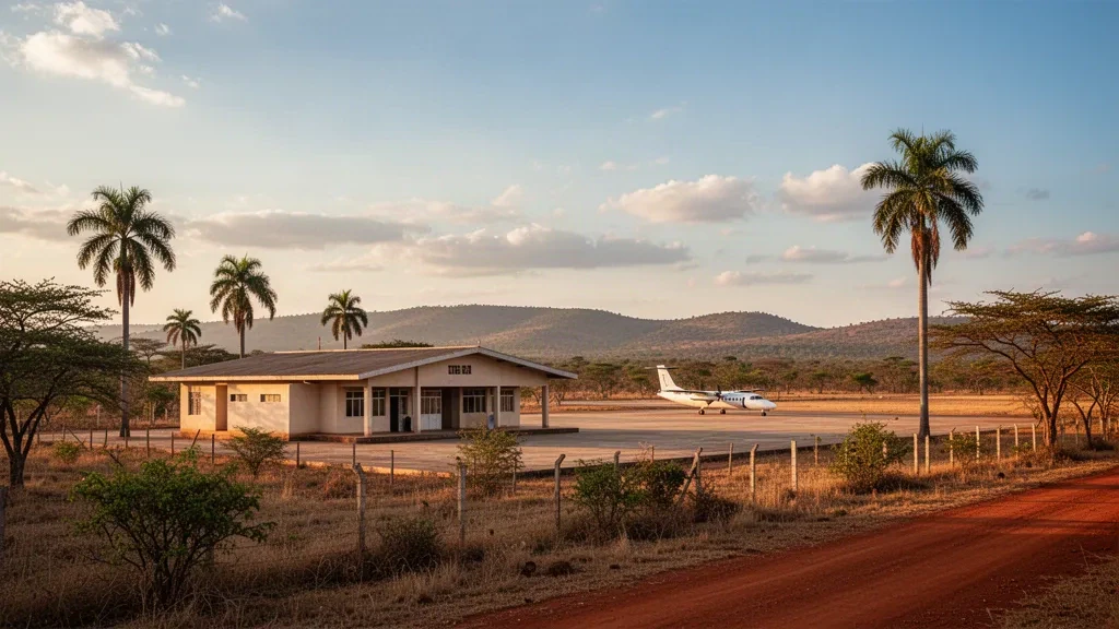 Terminal und Vorfeld des Flughafens Cuamba in der Provinz Niassa, Mosambik, im warmen Licht der goldenen Stunde mit Palmen und fernen Hügeln.