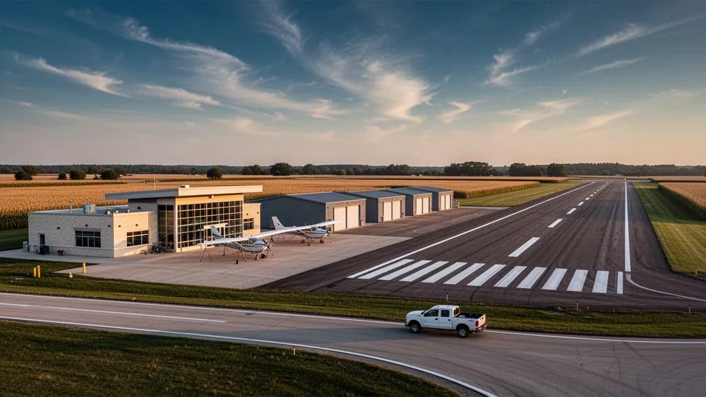 Leichtflugzeug und Metallhangars neben der Startbahn am Forest City Municipal Airport in Iowa im warmen Licht der goldenen Stunde.