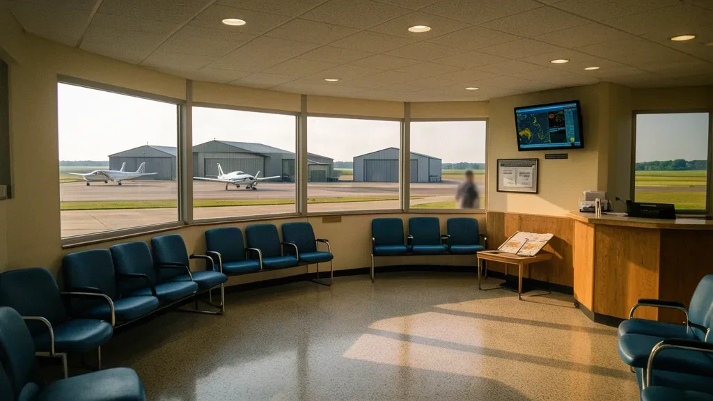 Intérieur d'un petit terminal à l'aéroport municipal de Forest City, dans l'Iowa, avec des sièges et des fenêtres donnant sur le tarmac d'aviation générale et les hangars