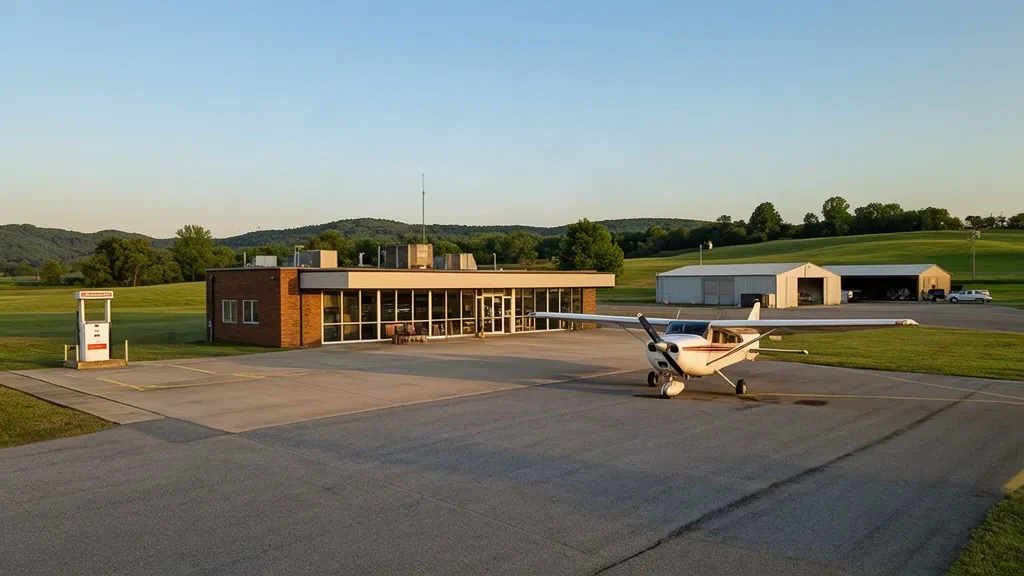 Exterior of Fayetteville Municipal Airport terminal in Tennessee with a small plane parked on the apron