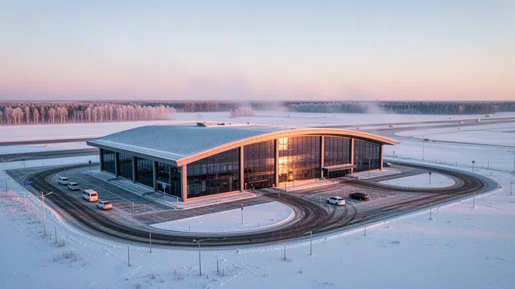 Alba invernale innevata sul terminal moderno e sul piazzale dell'Aeroporto di Fuyuan Dongji nello Heilongjiang, Cina