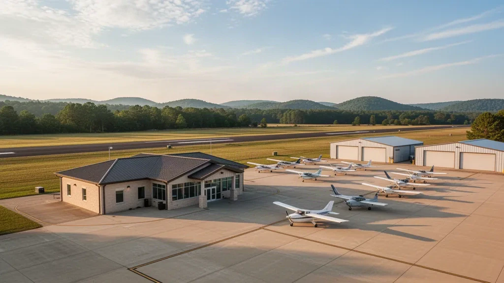 Einstöckiges Terminal, Hangars und Leichtflugzeuge auf dem Vorfeld des Fayetteville Municipal Airport im ländlichen Tennessee zur goldenen Stunde