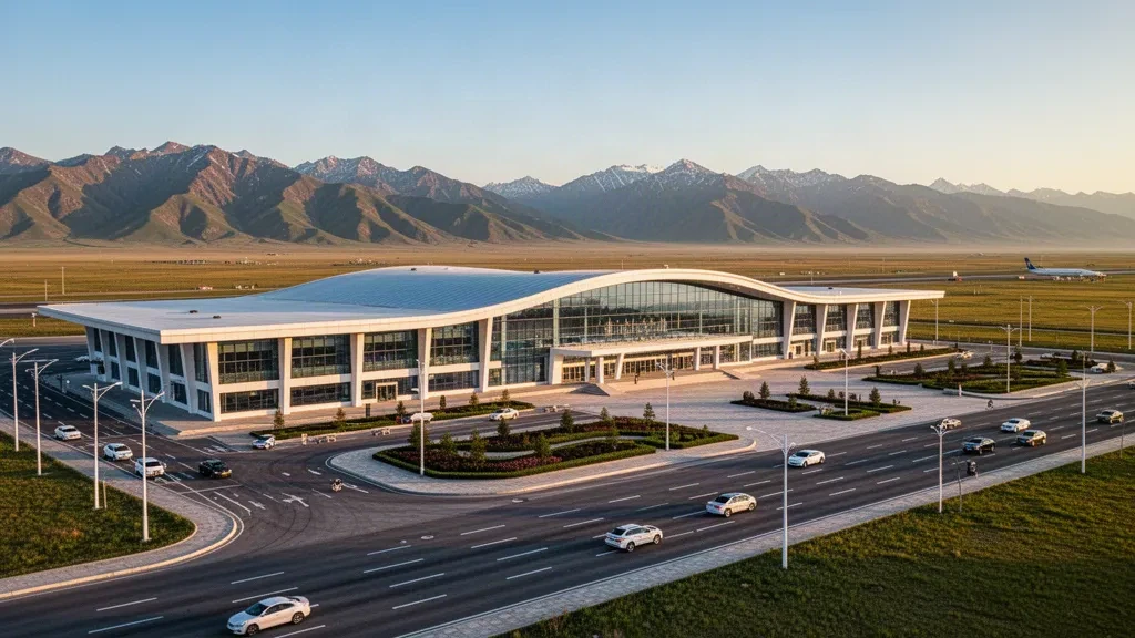 Exterior moderno de la terminal del aeropuerto de Fuyun Koktokay con fachada de vidrio, vía de acceso y las montañas de Altai bajo la luz de la hora dorada