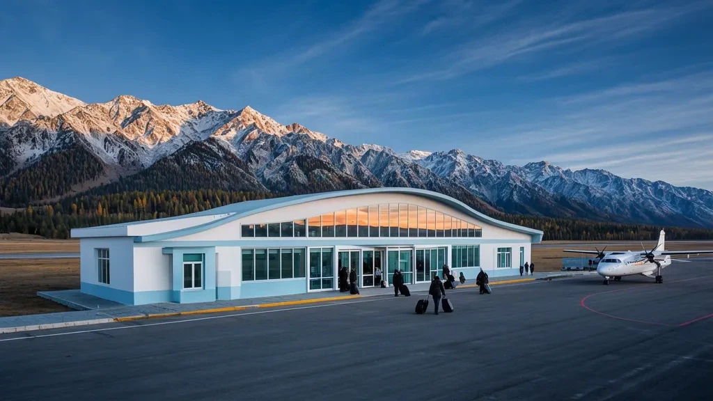 Exterior moderno de la terminal de poca altura del aeropuerto de Fuyun Koktokay en Xinjiang con las nevadas montañas de Altay al fondo