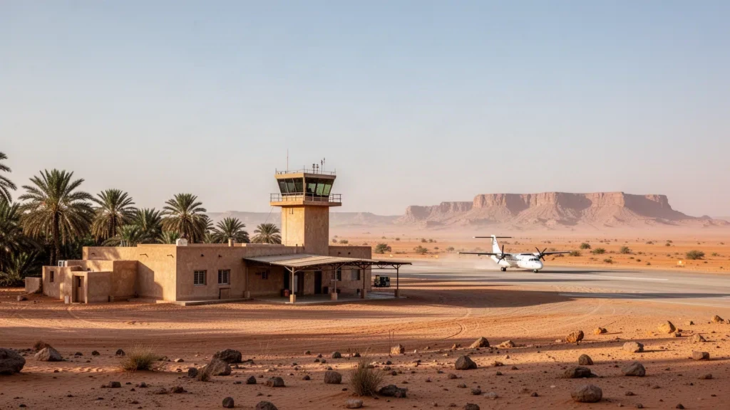 Terminal nel deserto e piazzale illuminato dal sole all'aeroporto di Faya-Largeau in Ciad, con sabbia sahariana, palme dell'oasi e un turboelica sotto un cielo limpido