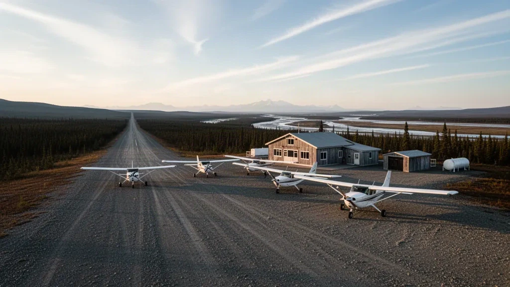 Alaska'nın uzak Fort Yukon Havalimanı'nda mütevazı bir terminalin yanındaki çakıllı apronda park etmiş küçük çalı uçakları, altın saatte kuzey ormanlarıyla çevrili.