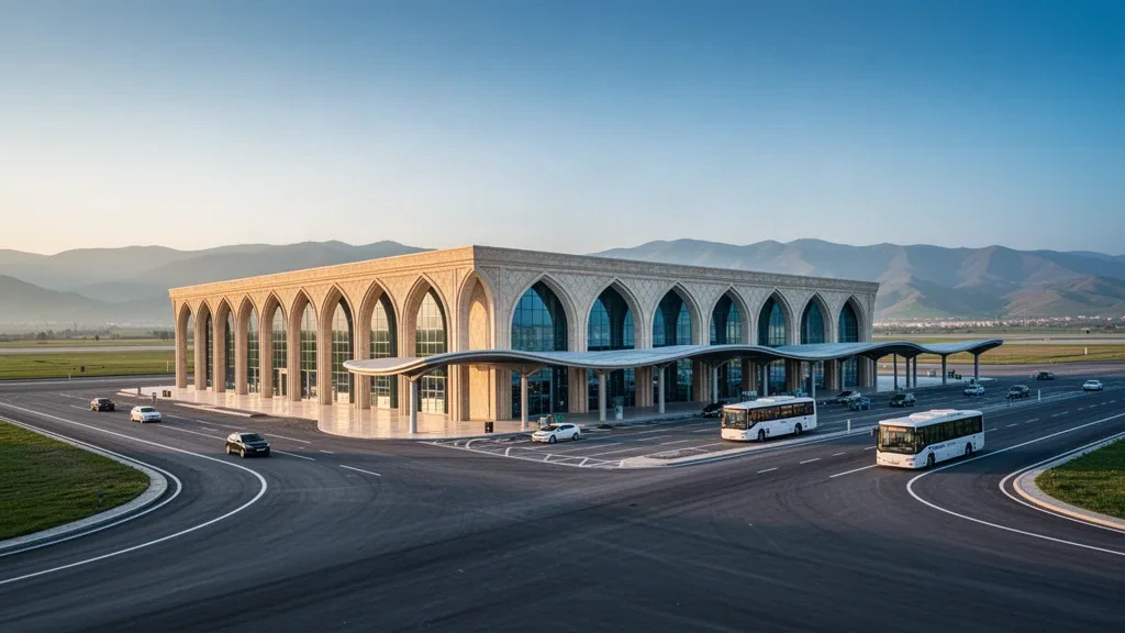 Extérieur moderne en verre du terminal de l'aéroport international de Fuzuli en Azerbaïdjan à l'heure dorée avec voies d'accès et collines au loin